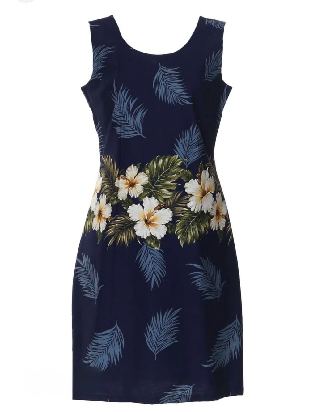 Ky’s Hawaiian Sheath Dress Tank Dress Navy Yellow Hibiscus Cotton Medium Beach